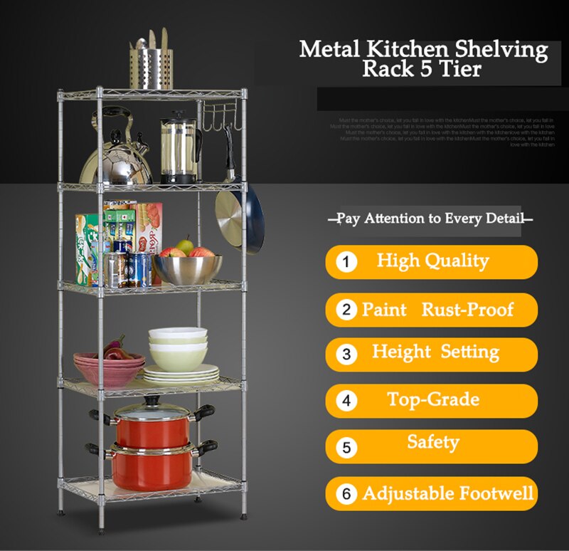 5 Tier Storage Rack Organizer Kitchen Shelving Steel Wire Shelves Metal Kitchen Shelving Rack