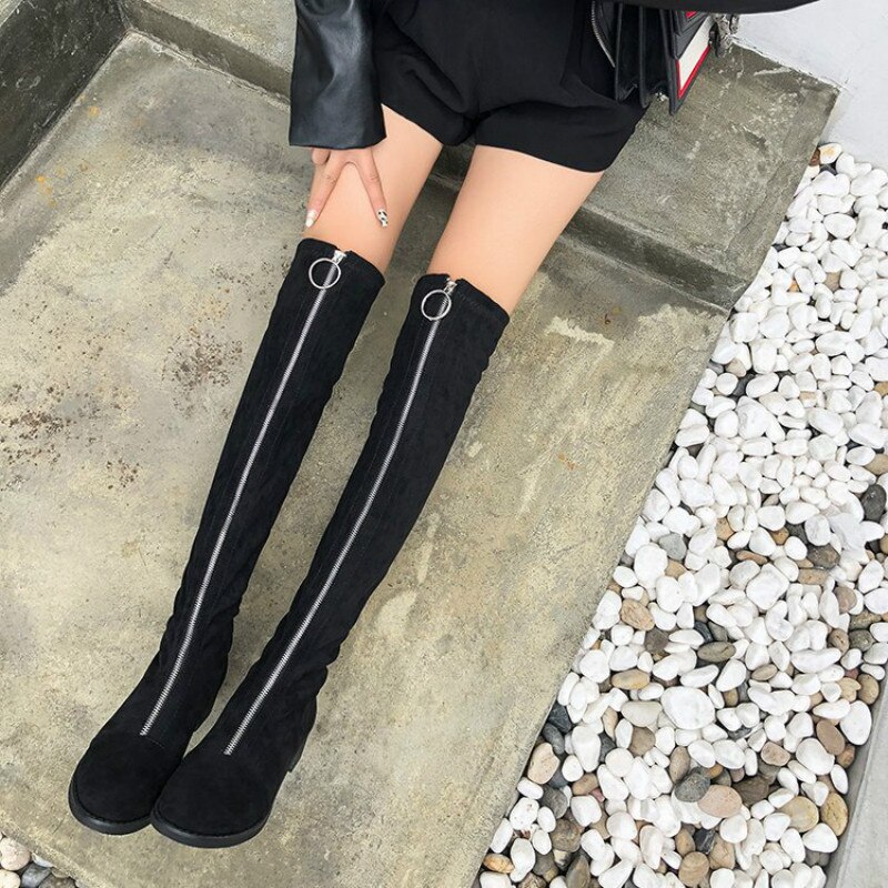 Botas por encima de la rodilla para mujer, invierno, estiramiento fino, parte inferior plana, bota ajustada para mujer con cremallera frontal, además de zapatos de terciopelo para mujer