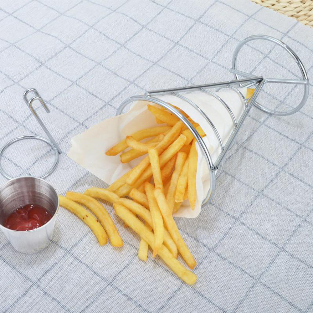 Stainless steel French Fry Stand Cone Basket Holder for Fries Fish and Chips and Chicken Nuggets with a seasoning cup