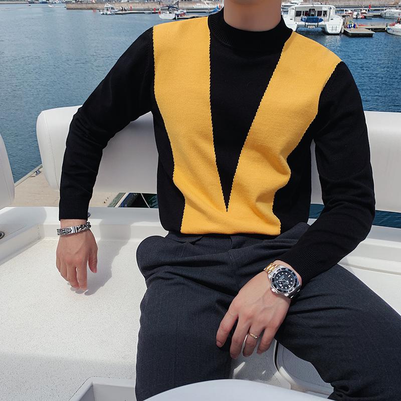 Genser i engelsk stil for menn grønn vestlig høst herreklær stilig strikket genser herre vinteroverdeler dandy genser: Gul / Xxl