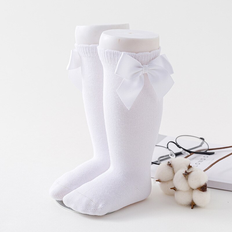 gros nœuds doux coton bébé fille chaussettes couleur unie blanc rose nœud papillon prix filles Kneed chaussettes hautes enfant en bas âge fille longues chaussettes: white