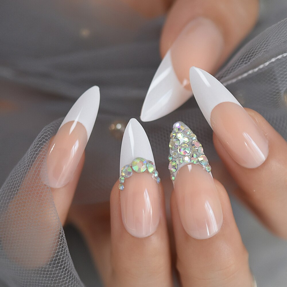 Custom Druk Op Nagels Ab Crystal Pre Ontworpen Franse Tip Stiletto