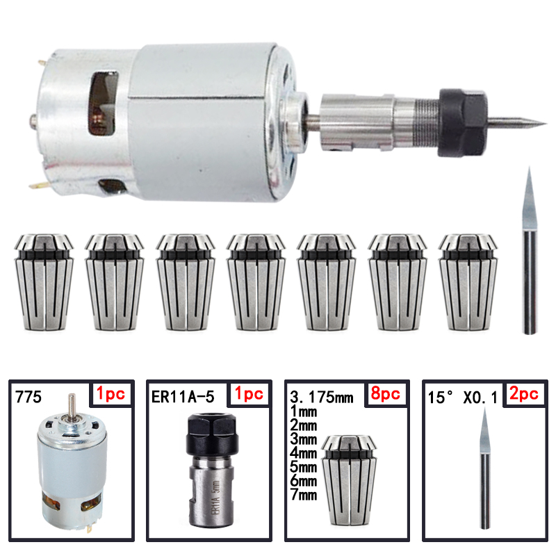 1Pc 775 Dc Motor 12-36V Kogellager Spindel Motor ER11 5Mm Verlengstuk Vleesmes cnc ER11 Spring Collet Chuck Motor Set: 5