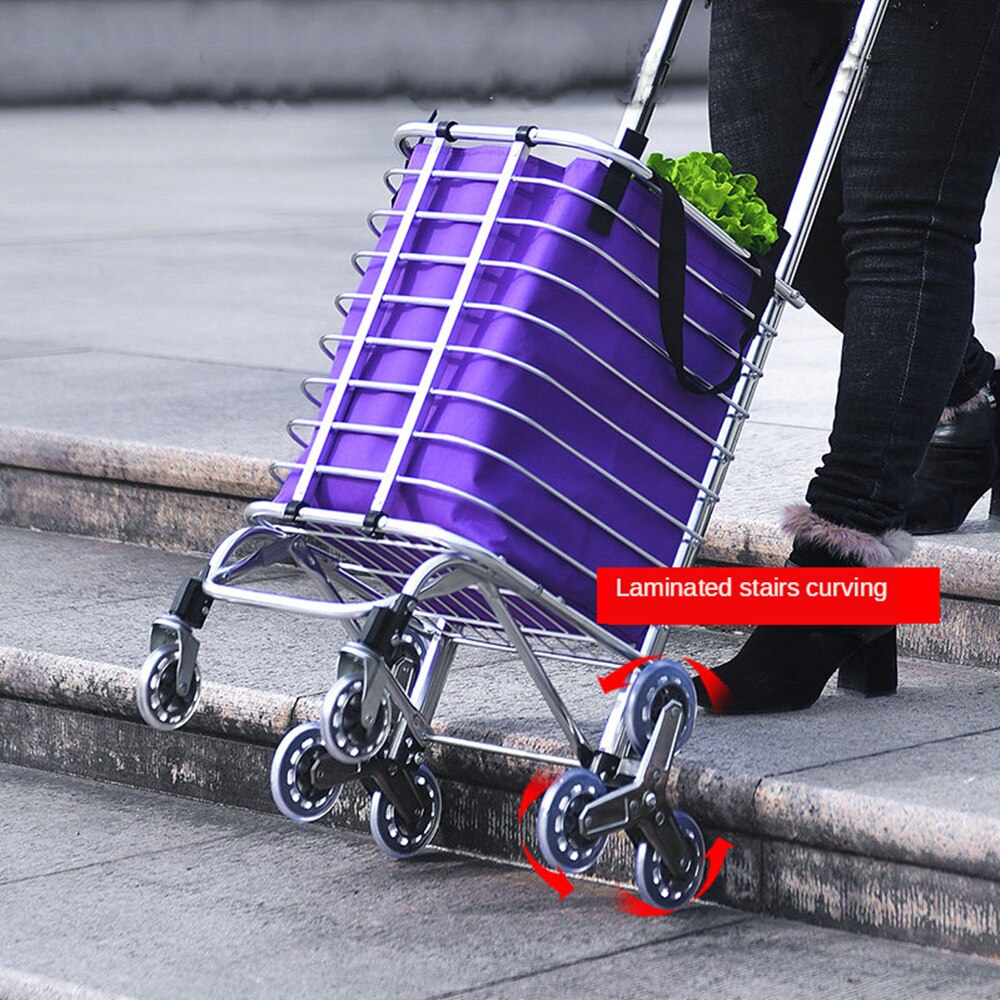 B-LIFE Step Up Foldable Grocery Shopping Cart Dolly Stair Climber Utility Trolley Tote Bag Quiet Rubber Wheels Flexible Handle