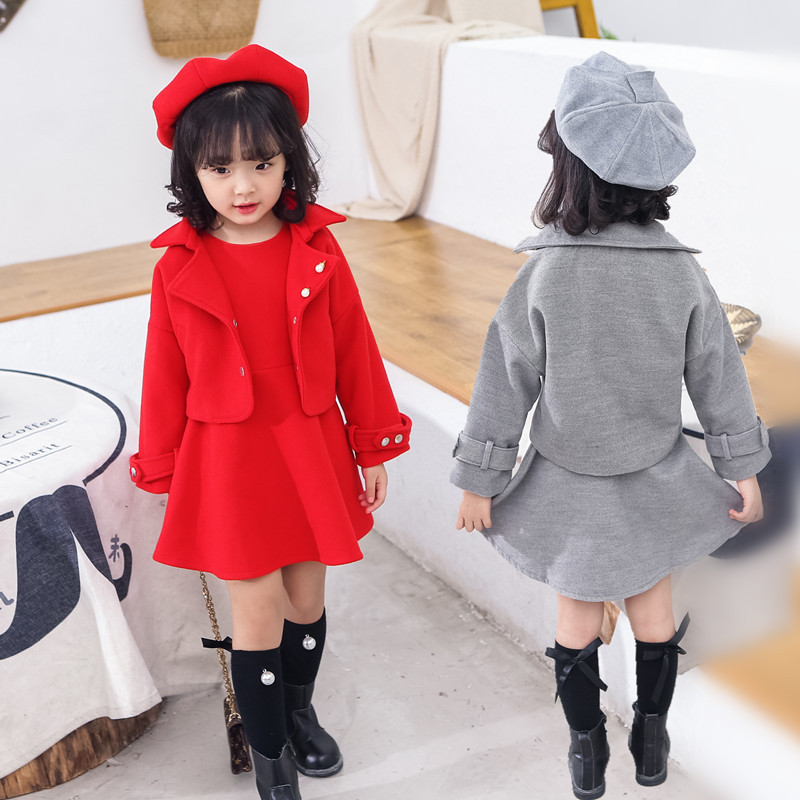 Herfst winterpakken kinderen laag vest jurk wollen jas rood driedelig lange mouw effen kleur zachte sets voor meisjes 2 - 7 jaar