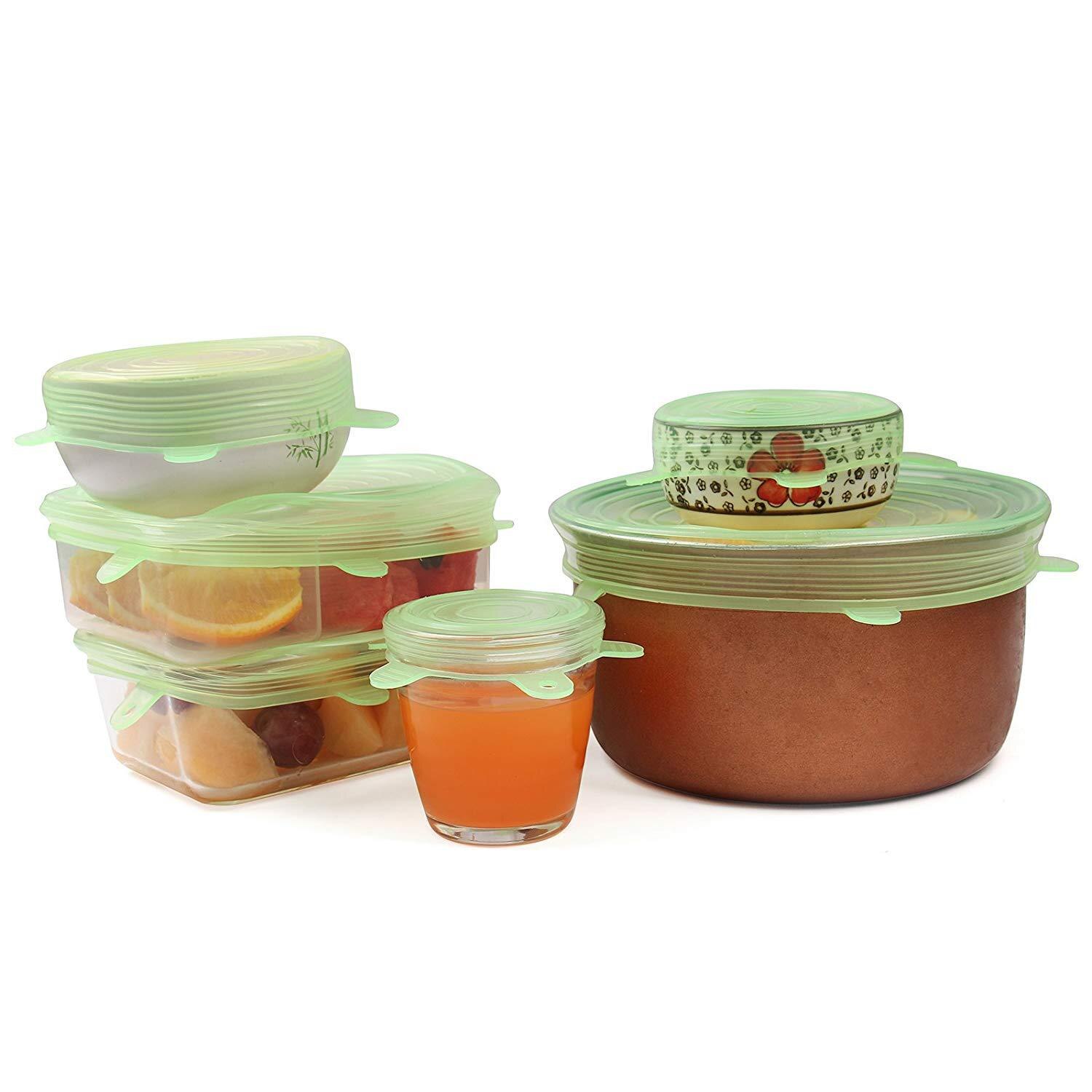 Juego de tapas de silicona reutilizables para alimentos, tapas universales para utensilios de cocina, accesorios de tapas para cocina, 6 uds.: green
