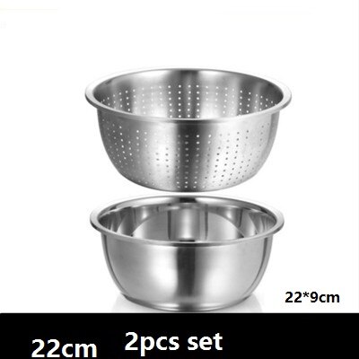 washing basin 2pcs/set Fruit / Vegetable Tools basket strainer basin mixing bowl thick stainless steel kitchen tool utensil: 22CM