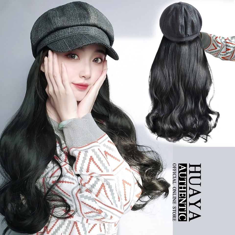 HUAYA casquette avec cheveux longs ondulés perruques pour femmes chapeau perruque synthétique chapeau Extensions de cheveux naturel faux cheveux