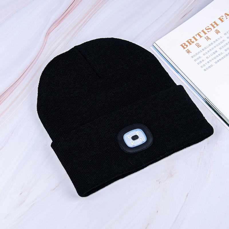 Gorros para hombre, gorro de punto liso con iluminación LED, boinas estilo Hip-Hop, gorros de lana cálidos portátiles para mujer,: Negro