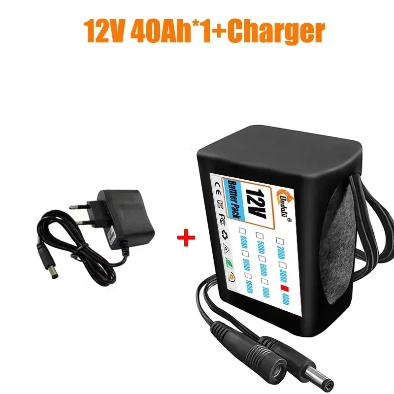 18650 3S2P 12V 40000mah Original Lithium Ion Battery DC 12.6V 40Ah Rechargeable CCTV, Camera Monitor Replacement Battery+Charger: green