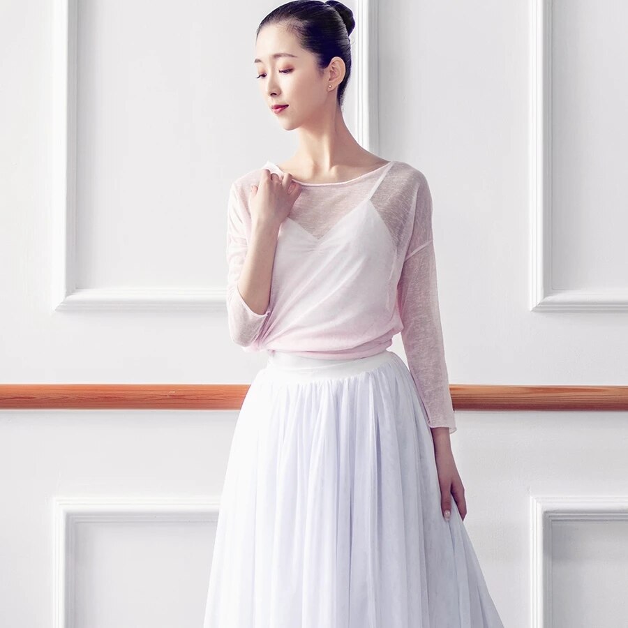 Mesh Long Sleeve Gymnastics leotard Sweater Dance Dress Gauze Adult Female Ballet Base Training Clothes Shirt