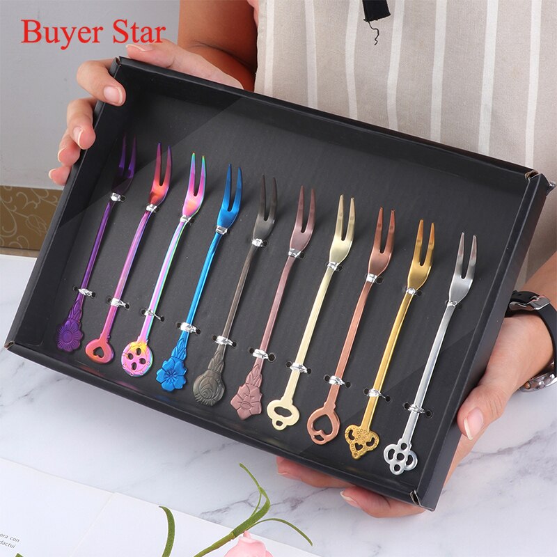 10PCS/Set Fruit Forks Stainless Steel Gold Cake Dessert Forks Lovely Mini Fork Used For Cake in Party Restaurant With Box