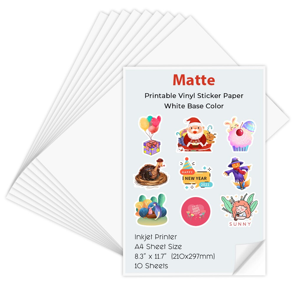 A4 10 Sheets Glossy self-adhesive Copy Paper Printable Vinyl Sticker Paper Inkjet Printer Paper for Inkjet printer DIY Crafts: 10 Sheet Matte Paper