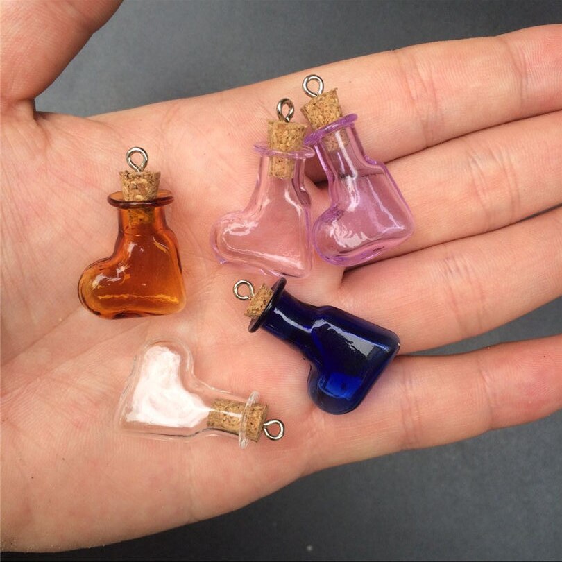 Mini Glass Hearts Crafts Bottles With Metal Loop Colors Bottles Handmade Wedding Cute Bottles Mix 7Colors