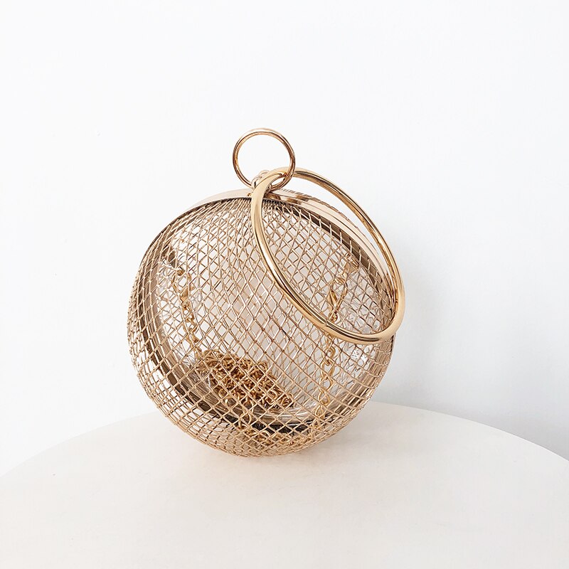 Metal Ball Women Shoulder Bag Gold Cages Round Hollow Clutch Luxury Wedding Party CrossBody Purse Handbag Travel Beach Bags