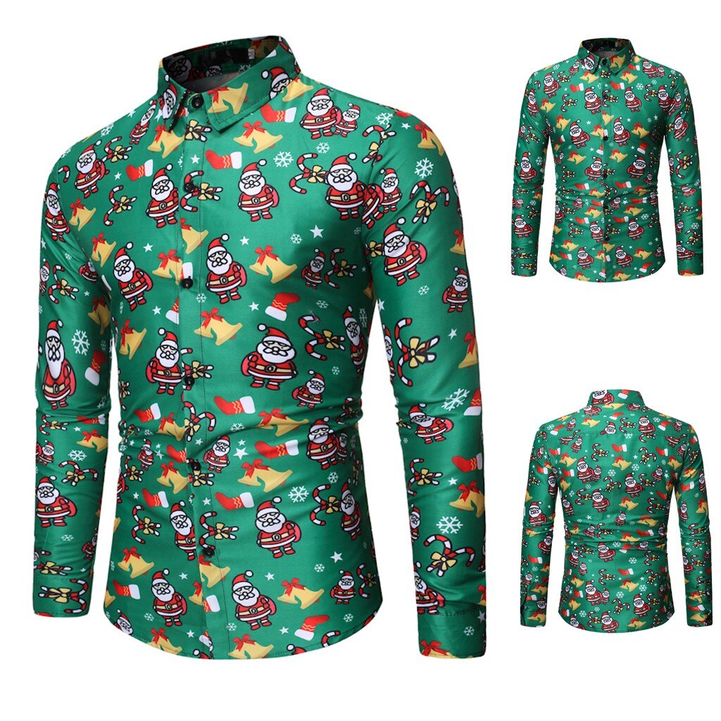 Feitong Kerstman Gedrukt Kerst Overhemd Mannen Toevallige Lange Mouwen Herfst Winter Groene Kerst Top Blouse Camisas Masculina