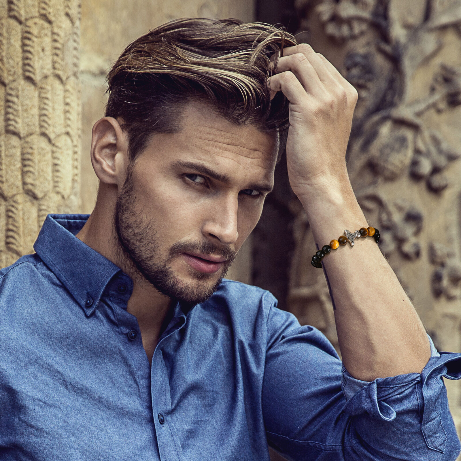 Mprainbow Mannen Viking Mjolnir Armbanden Verjaardagsfeestje Cadeau, Punk Thor 'S Hamer Tijgeroog Steen Kralen Polsband, Lengte Verstelbaar