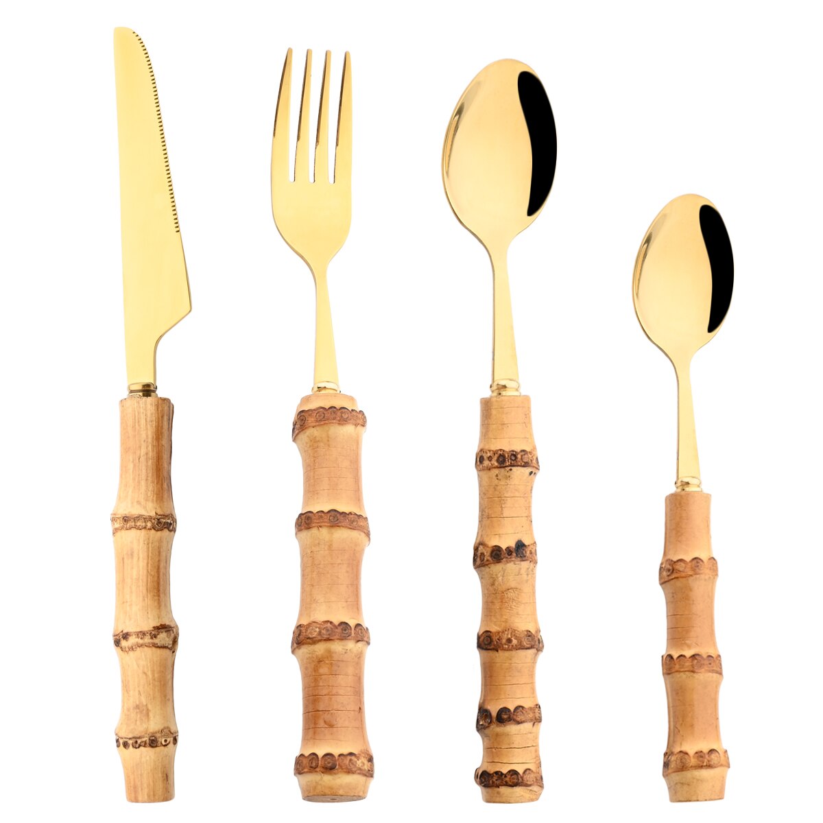 Bamboo Handle Cutlery Set Steak Knife Fork Coffee Tea Spoon Tableware Set Mirror Stainless Steel Flatware Kitchen Dinnerware Set: 2Set / Gold