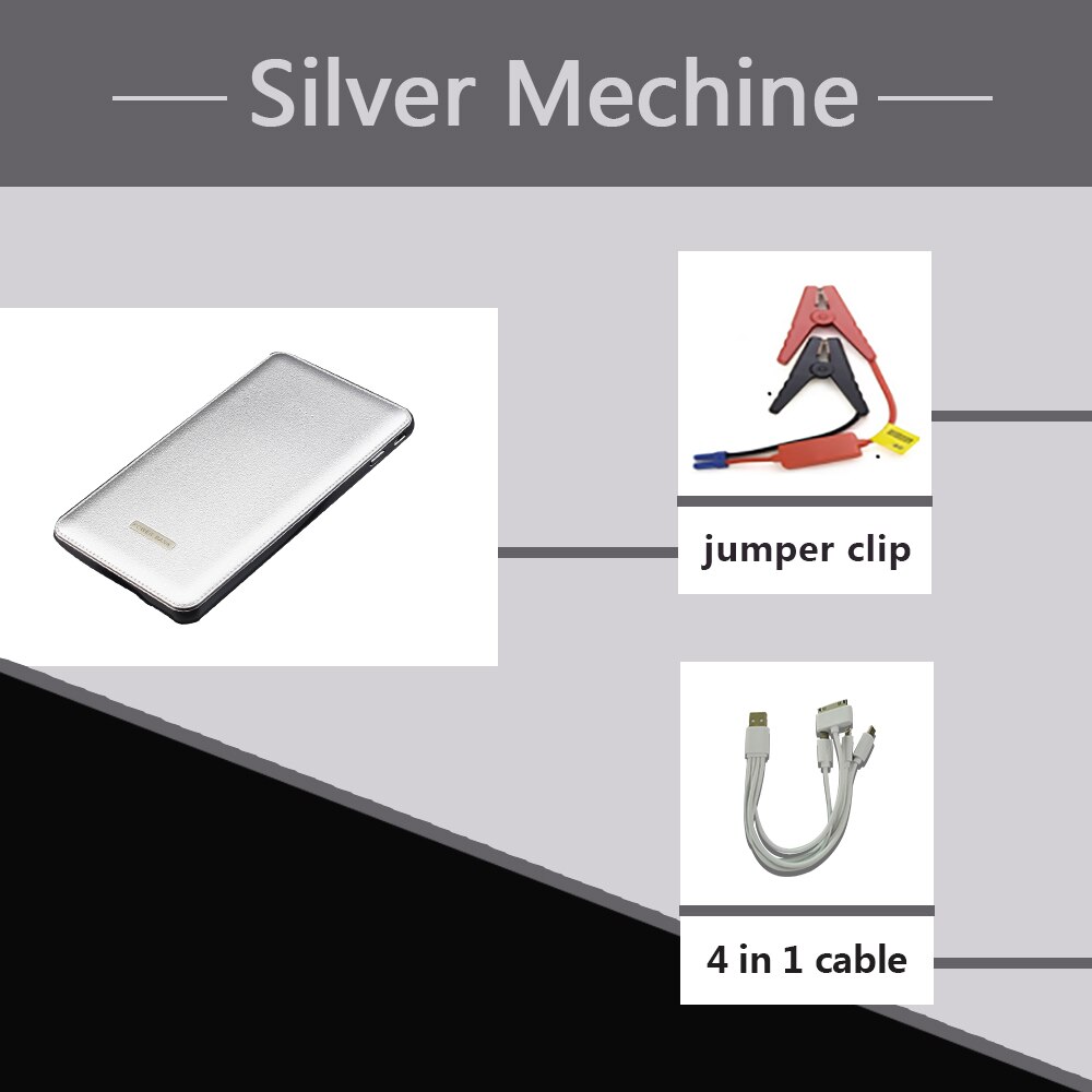 Super Slim Car jump Battery Booster Thin Power Bank Pocket Power Supply with Jumper Clip: Silver