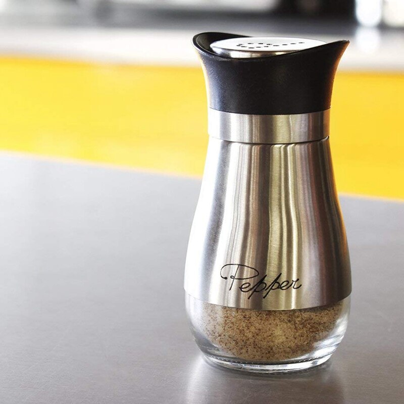 Salt and Pepper Shakers Set - High Grade Stainless Steel with Glass Bottom and 4 inch Stand - 4 inch x 6 inch x 2 inch, 4 Oz.