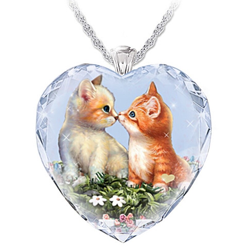 15 Popular Cat and Dog Heart-Shaped Cat and Dog Crystal Glass Pendant Necklaces for Women&#39;s Party Accessories On The Neck: 348