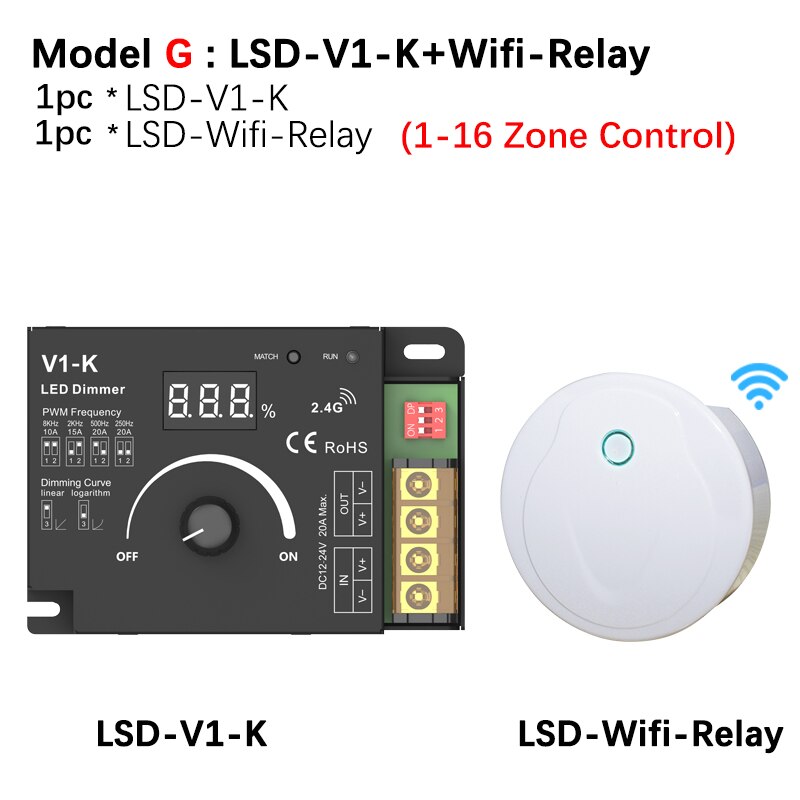 Rotary LED Dimmer DC 12V 24V PWM Wireless Frequency Adjustable 20A Single Color LED Strip Controller Knob 12 Volt Dimmer Switch: Model G
