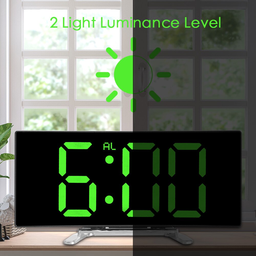 7 Inch Digital Table Clock LED Screen Large Number Alarm Clocks For Kids Bedroom Curved Dimmable Mirror Face