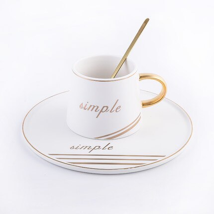Kondenserad kaffe guldkant keramisk kopp tumlare tekoppar och fat set sojamjölk drinkware frukostmuggar fat sked set: Vit