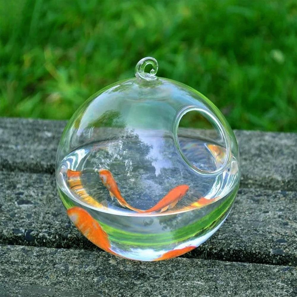 Rund/rektangulær form hengende glass akvarium fisk tank fiskeskål gjennomsiktig vase ornament med stativholder hjemdekorasjon