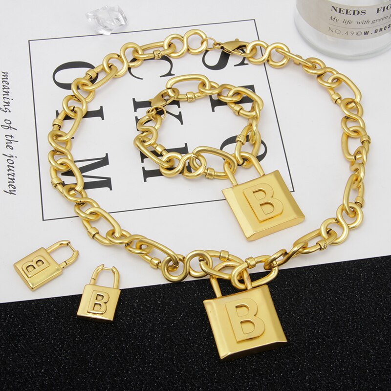 HANGZHI – Bracelet Punk rétro avec pendentif lettre B Lock, à chaîne épaisse exagérée, pour femmes et hommes, bijoux de fête à la ,