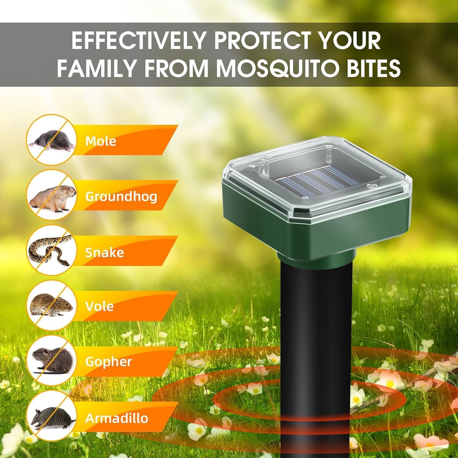 Mole Repellent Solar Powered 4 Packs Ultrasonic Solar Snake Repeller for Garden, Waterproof Vole Deterrent Repels Mole Gopher