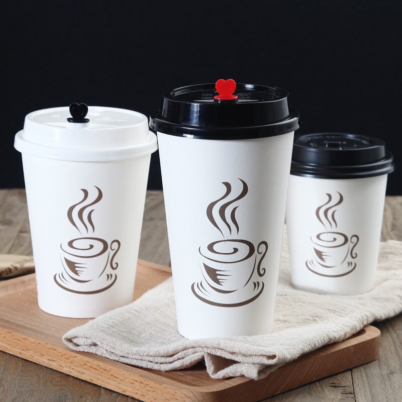 50pcs white disposable coffee cup takeaway package 8oz 12oz 16oz cold drink tea paper cup with lid
