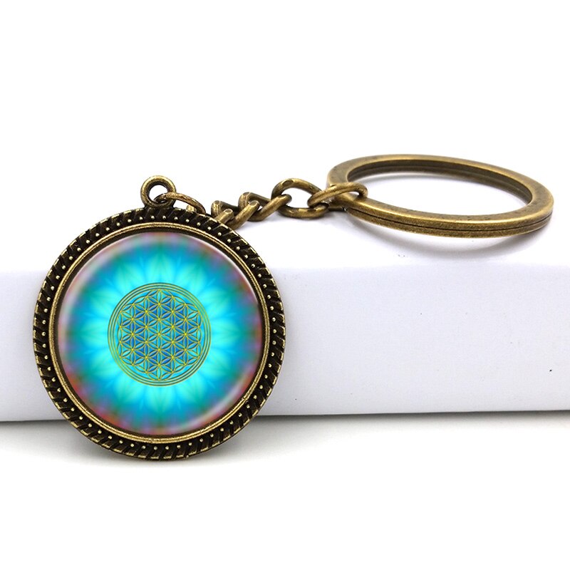 Blue Flower Of Life Key Ring Art Glass Pendant Mandala Key Chain Sacred Geometry Keychain handmade Jewelry For Women: A1