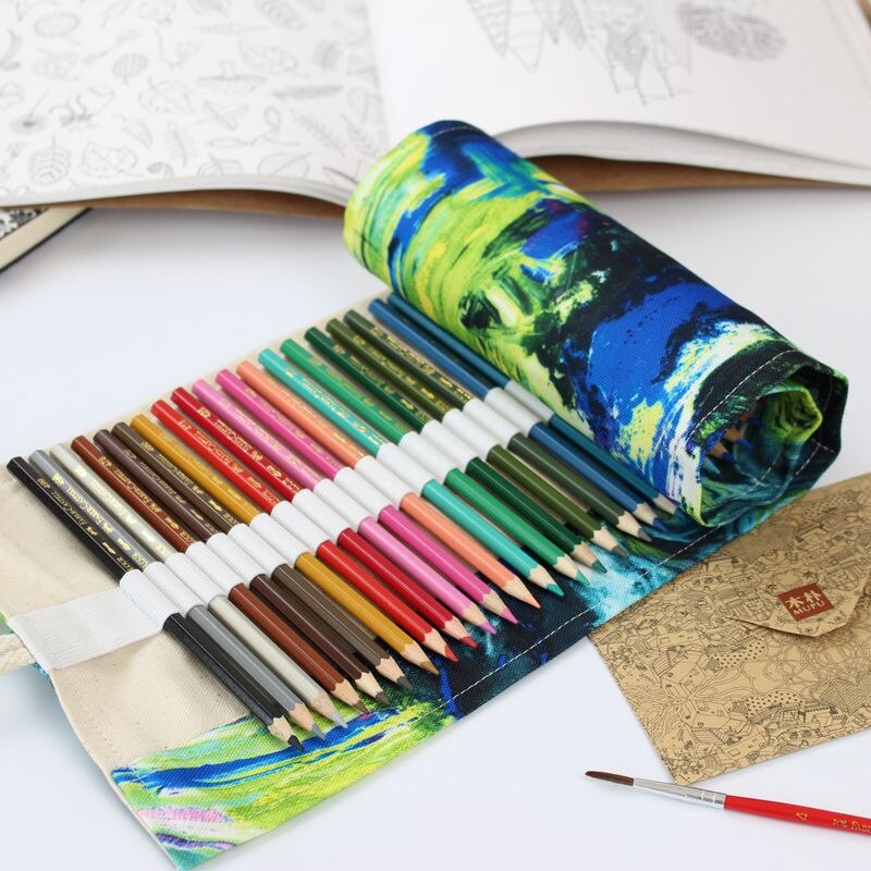 36/48/72 Holes Pencil Case Canvas Art Drawing Pen Bags Wrap Roll Up Holder Printing Storage Pouch School Offices Suppiles