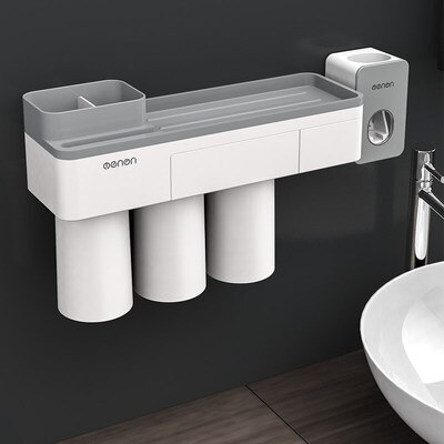 Magnetische Tandenborstel Houder Met Tandpasta Knijper Met Cups Voor 2/3 Personen In Badkamer Opbergrek Nail Gratis Mount: 3personwith squeezer