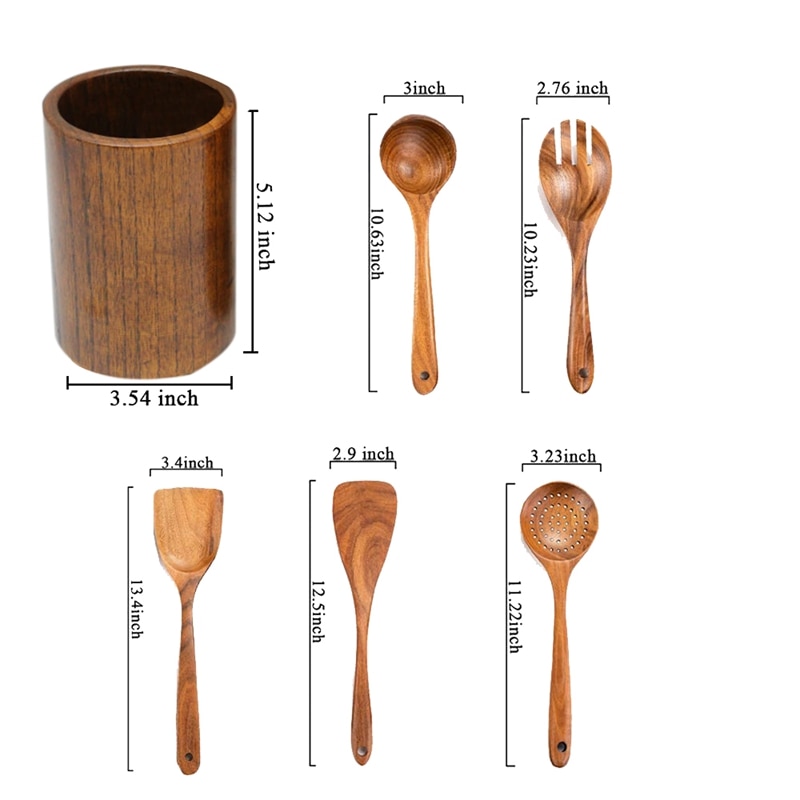 Kjøkkenutstyr av tre til kjøkken, med oppbevaringsbøtte, for matlagingsverktøy for nonstick kokekar, naturlig teak tre ,6 stk
