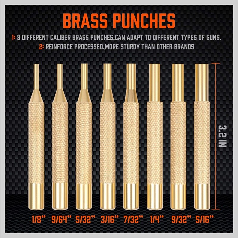 19 Pcs Punch Set and Hammer with Brass, Hollow, Steel, Plastic Punches, Brass Punch for Gunsmithing Maintenance.