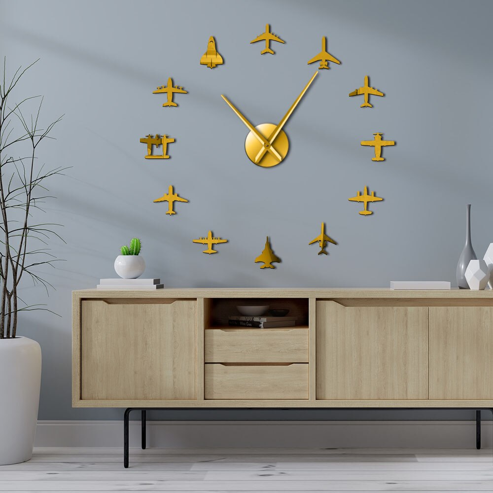 Vliegende Vliegtuig Fighter Jet Moderne Grote Wandklok Diy Acryl Spiegel Effect Sticker Vliegtuig Stille Wandklok Aviator Home Decor