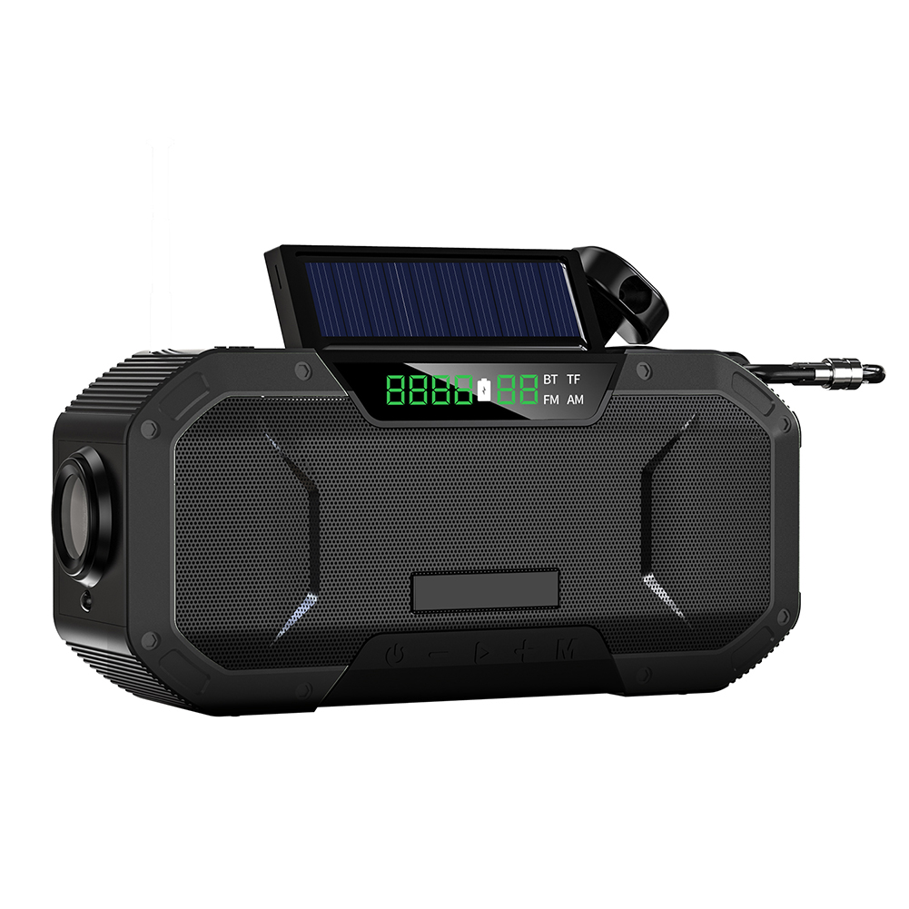 Radio solaire Portable bluetooth 5.0, haut-parleur, manivelle, AM/FM, récepteur RADIO météo multifonction avec lampe de poche, batterie d&#39;alimentation d&#39;urgence: Black