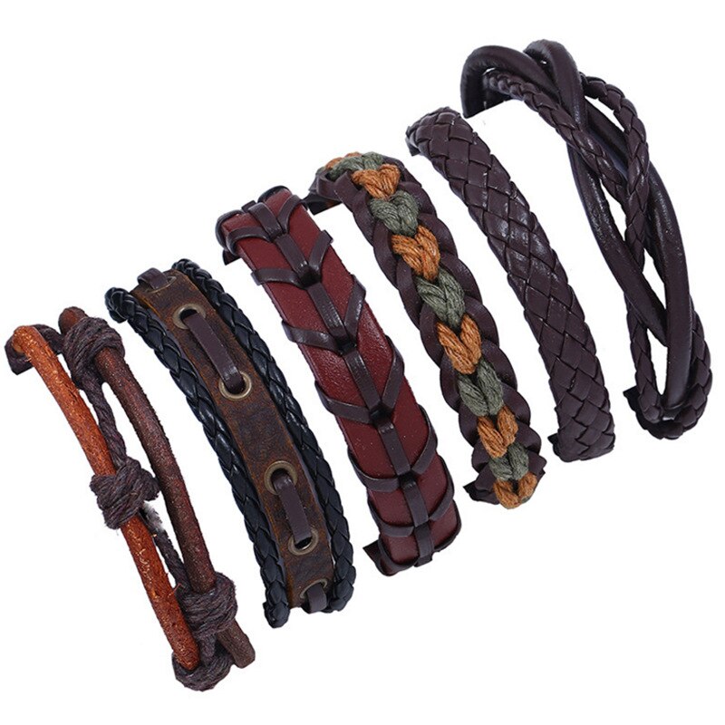 Punk rock 6 kpl/setti nahkarannekoru miesten hurmaava ruskea punottu rannekoru miehelle retkeilykorut asusteet pulsera hombre käsintehty