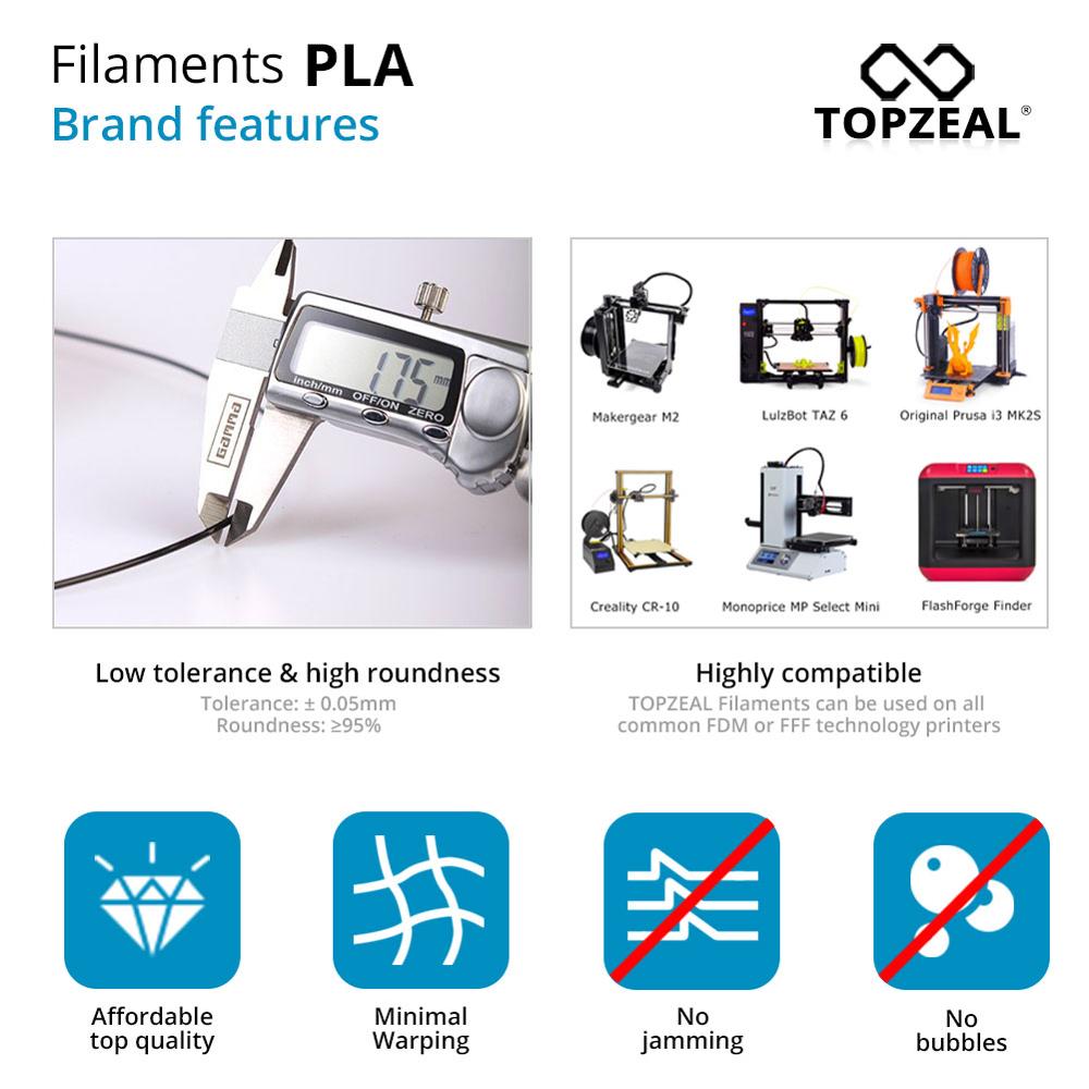 Topzeal-filamento pla de plástico transparente para impressora 3d, 1.75mm, 1kg, material para impressão 3d, série transparente