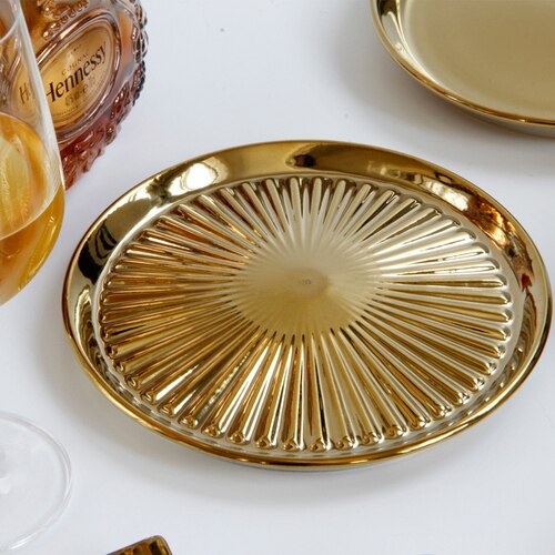 EuropeanGolden ceramic plate Pizza Dessert Steak Dinner Set Porcelain Tableware Decorative pastry Fruit Salad Food Tray: 16.5x16.5x1.5cm