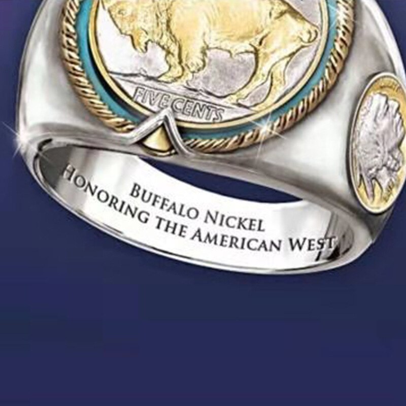 Exquisite commemorative Buffalo Buffalo nickel coin ring Indian chiefs head two-color ring men&#39;s accessories ban