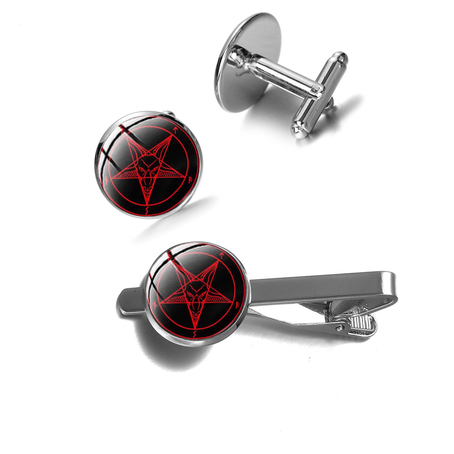 Vintage satanisme rød gedehoved manchetknapper og slips clipart baphomet omvendt pentagram statement manchetknapper unisex gotiske smykker