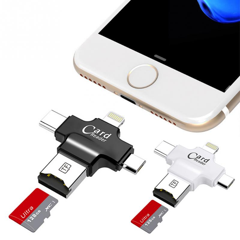 4 in1 telefoon kaartlezer met USB/Micro USB/Type-C/bliksem interface voor Micro SD kaart aansluiten met smartphone-Zwart Kleur