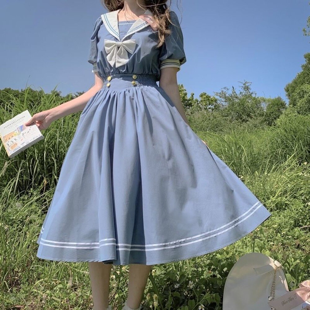Japanischen Blau Lolita Süße Kleid Harajuku Seemann Kragen Marine Kleider Jahrgang Bogen Kawaii Mädchen Adrette Langarm Kleid