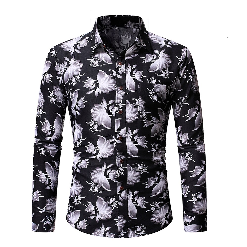 Blommiga långärmade skjortor för män herr slim fit blommig skjorta höst basic toppar m -2xl: 1 / L