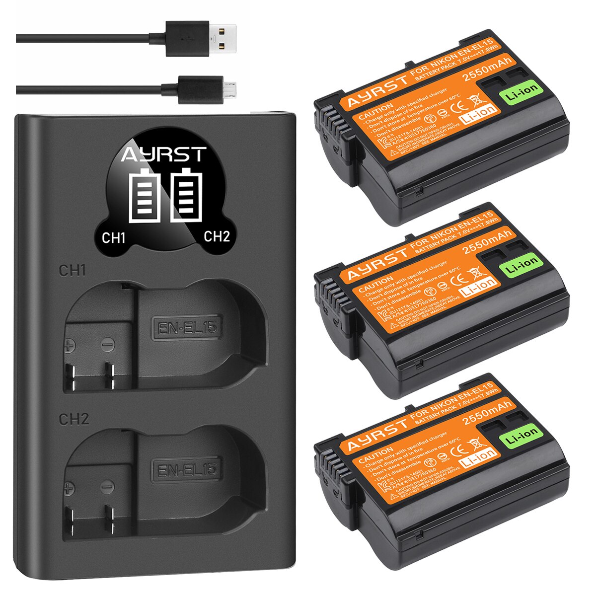 2550 mah en -el15 el15a batteri / dubbel laddare för nikon  d500 d600 d610 d600e d750 d800 d800e d810 d850 d7000 d7100 d7200 z6 z 7: 3 batterier och 1 laddare