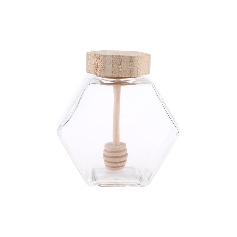 Pot de miel en forme d'hexagone, Pot de miel en verre, avec Dipper en bois et couvercle en liège, pour la cuisine à la maison, transparent
