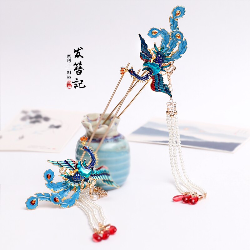 Antik cloisonne kanzashi lang kvast step shake oldgammel kostume hovedbeklædning hårnåle hårstift cosplay phoenix hanfu tilbehør